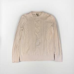 L.L.Bean Mens M Tall Cable Knit Sweater Cream 100% Organic Cotton Crewneck